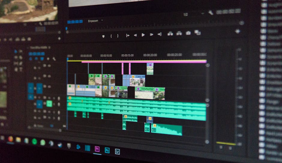 Mac laptop showing video editing software with timeline